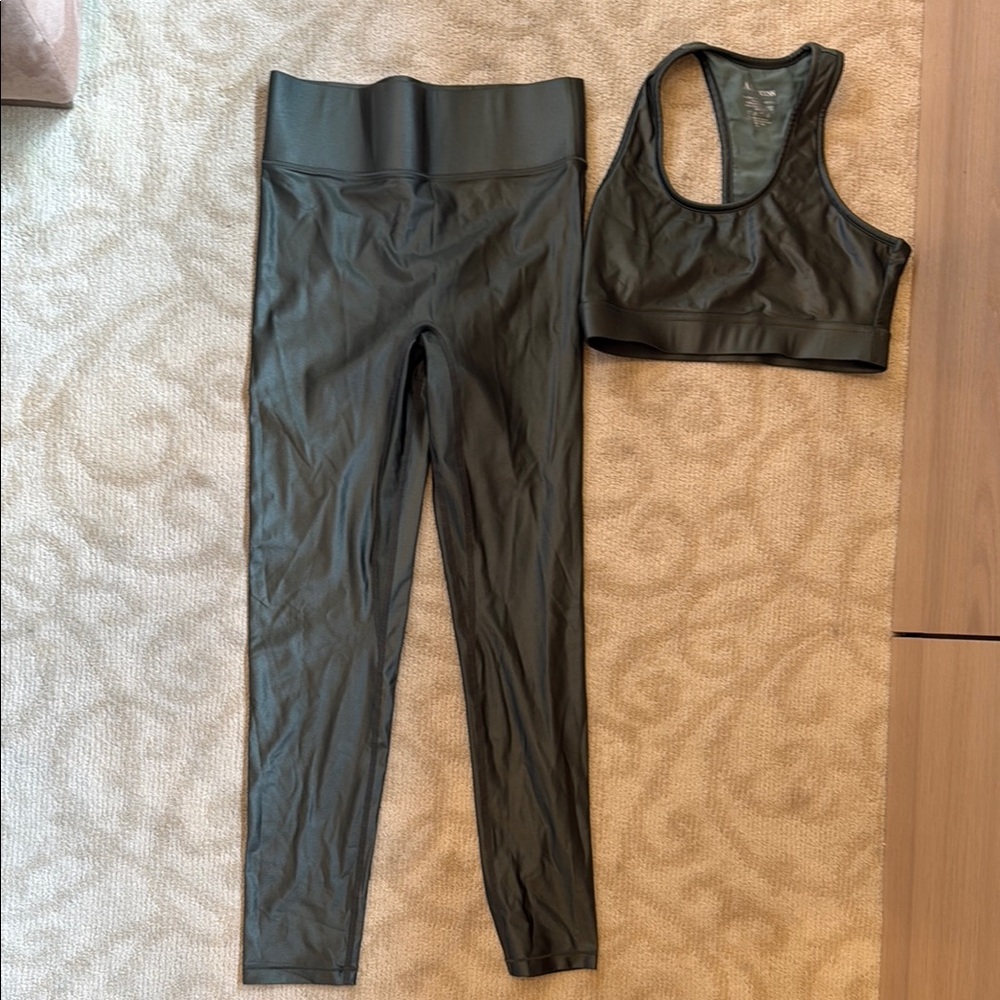 Bandier All Access Olive Green Shiny High-Waisted 7/8 Length Workout Set
